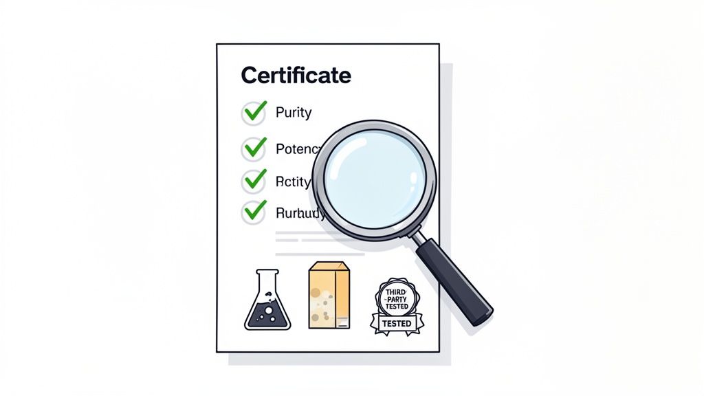 An illustration of a product certificate showing purity, potency, and third-party lab testing with a magnifying glass.