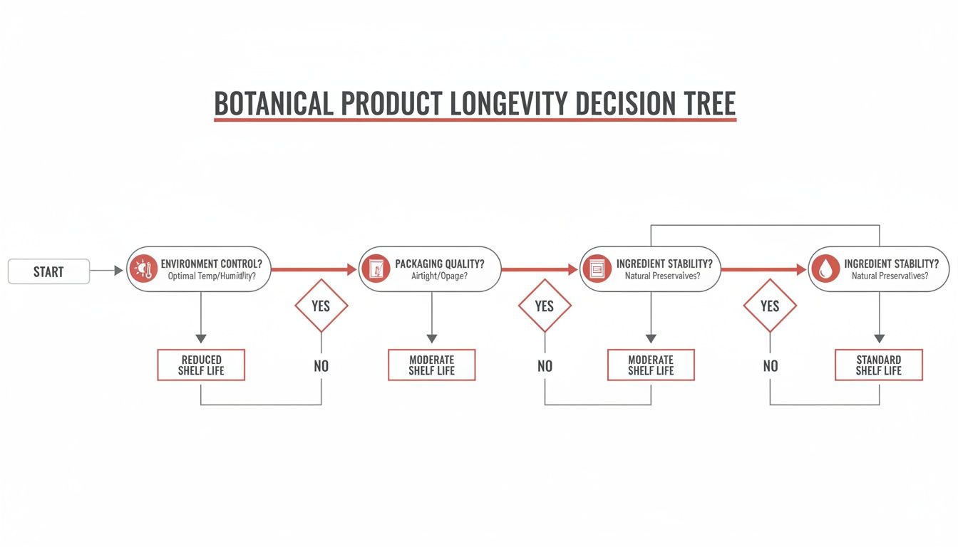 Decision tree for botanical product shelf life considering environmental control, packaging, and ingredient stability.
