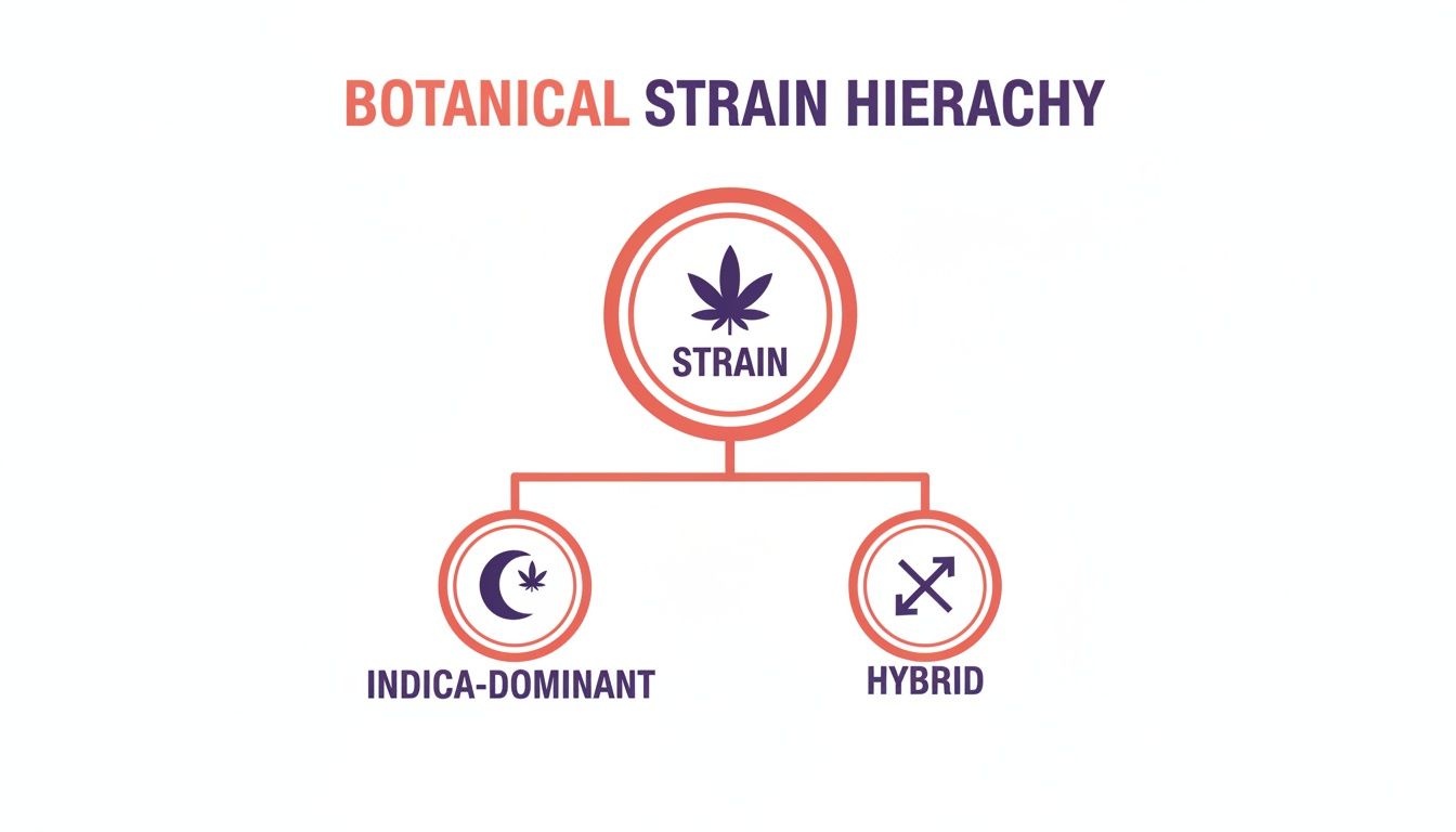 A diagram illustrating the botanical strain hierarchy of cannabis, showing Strain, Indica-Dominant, and Hybrid categories.