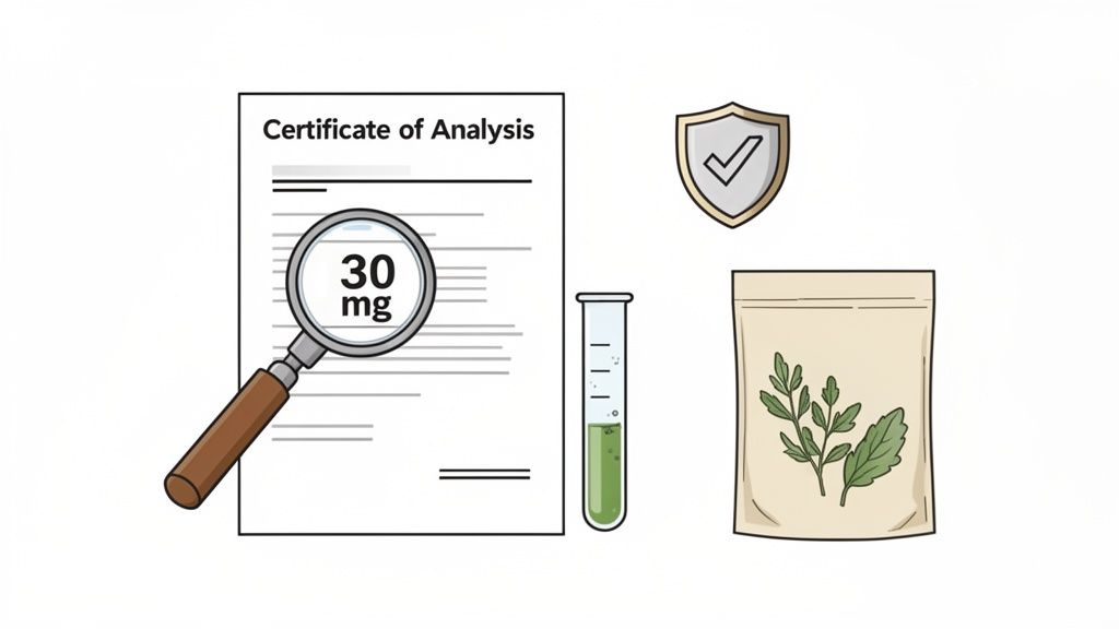Certificate of Analysis with '30 mg' highlighted by a magnifying glass, quality shield, test tube, and a plant pouch.