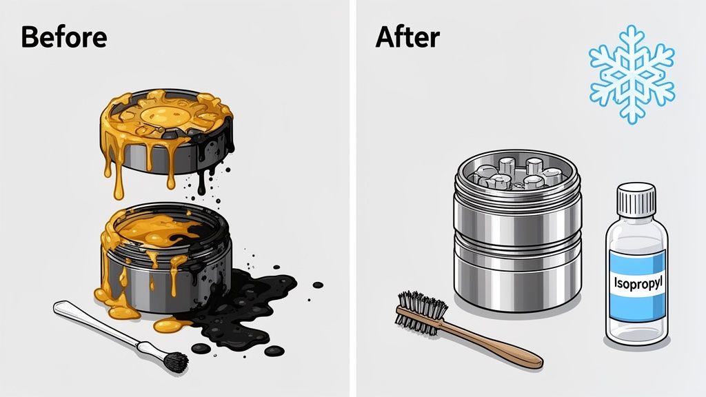 Before and after image showing how to clean a dirty grinder using freezing and isopropyl alcohol.