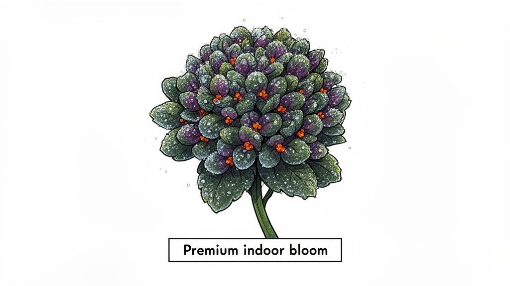 A vibrant, compact plant with dark green leaves, purple centers, small orange berries, and a green stem, labeled 'Premium indoor bloom'.