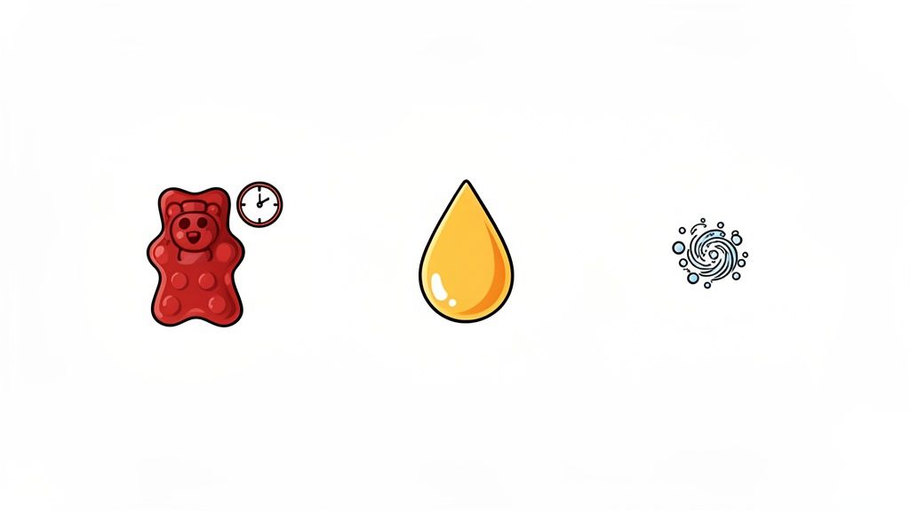 Icons showing a gummy bear, a clock, a liquid drop, and a swirling absorption symbol on white.