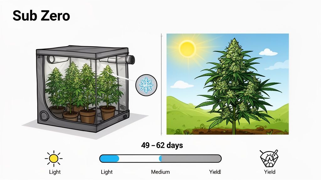Illustration of Sub Zero cannabis strain with indoor grow, outdoor plant, cold symbol, and 49-62 day growth timeline.