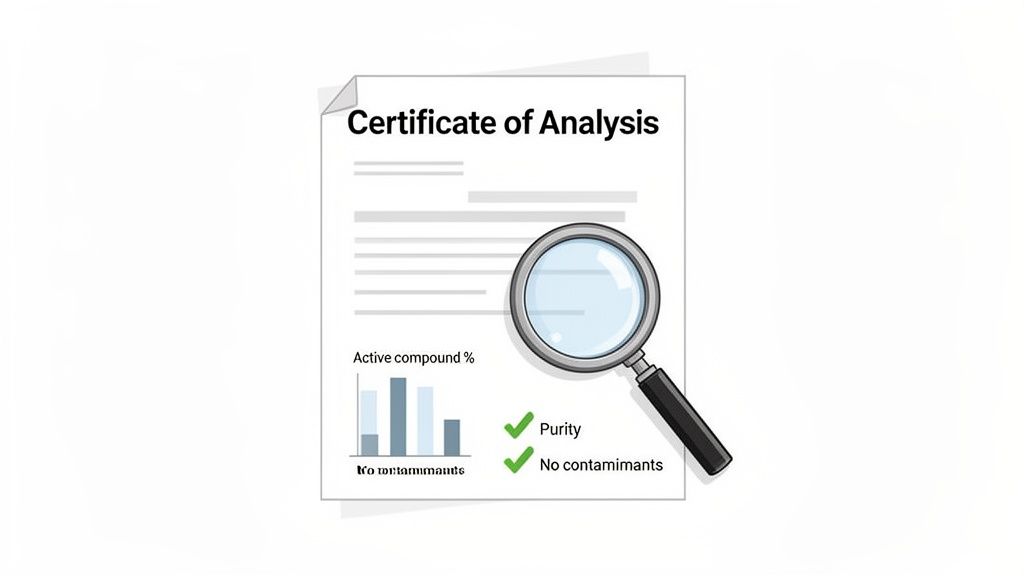 A Certificate of Analysis document, magnified to show purity and contaminant checks.