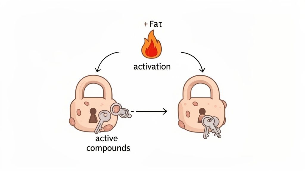 Diagram illustrating fat-mediated activation of active compounds, represented by keys entering padlocks.