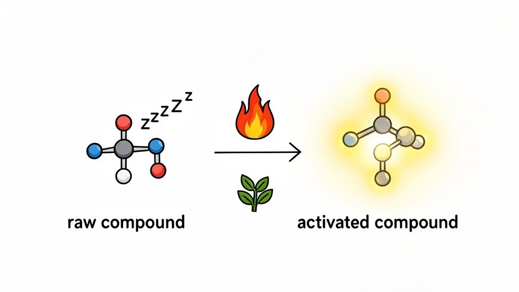An inactive raw chemical compound is transformed by heat and a plant into an activated, glowing compound.
