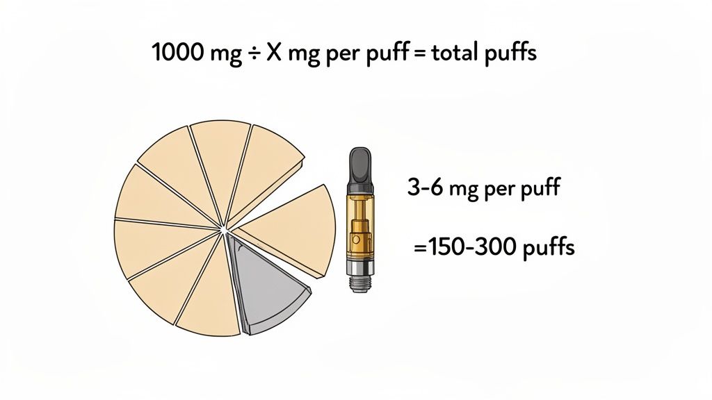 An illustration explaining how to calculate total puffs from a 1000 mg vape cartridge with dosage.