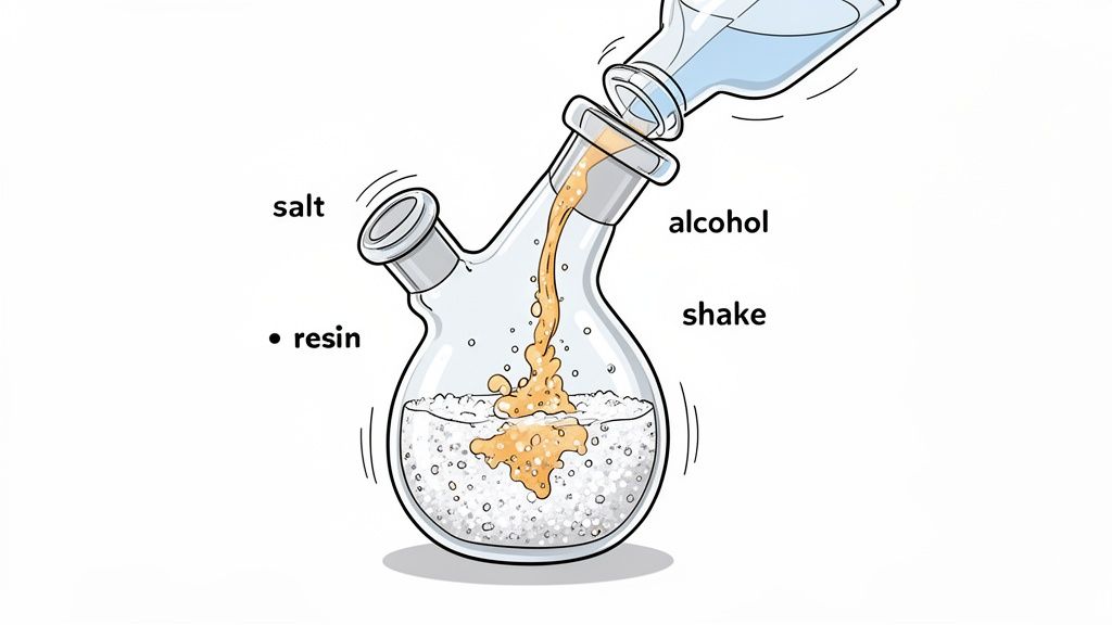 Illustration showing alcohol and resin being added to salt in a two-neck flask for cleaning, with instructions to shake.