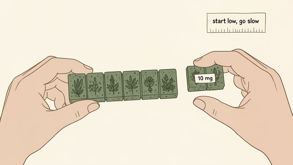 Hands separate green edibles, one showing '10 mg' dose, emphasizing 'start low, go slow' for consumption.