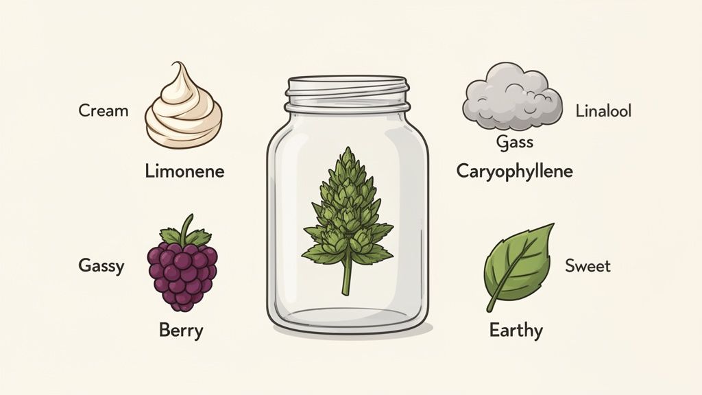 Illustration showing a cannabis bud in a jar, surrounded by images representing terpene flavors like cream, berry, gass, earthy, and sweet.