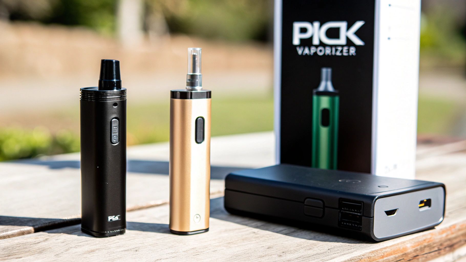 Two vaporizers, one black and one gold, with a portable charger and product box on a wooden table outdoors.