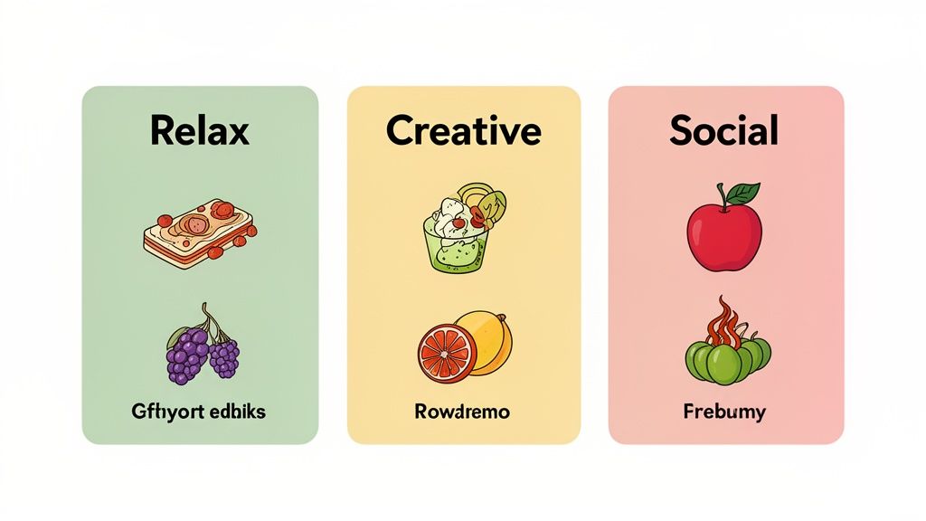 Three illustrated cards showing different categories of edibles for Relax, Creative, and Social moods.