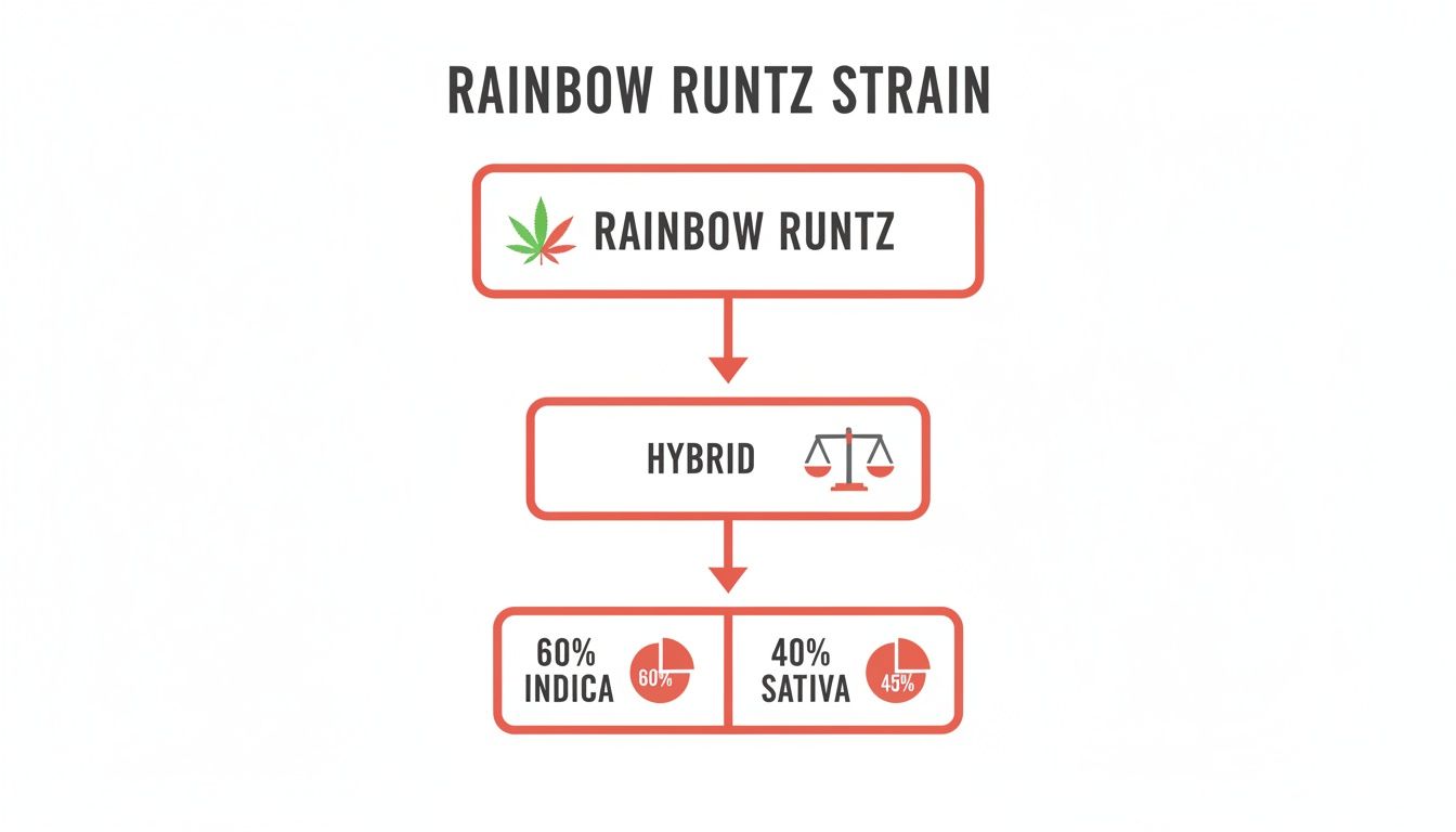 Infographic detailing the Rainbow Runtz cannabis strain as a hybrid with 60% Indica and 40% Sativa.