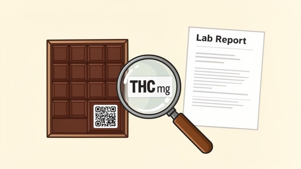 An illustration of a chocolate bar with a QR code, a magnifying glass showing 'THC mg', and a lab report document.