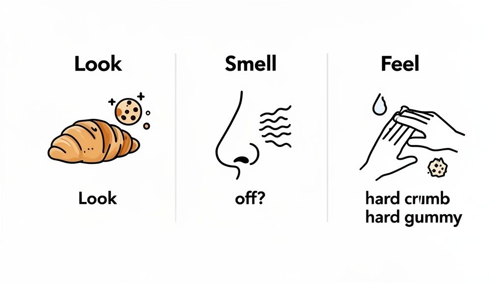 Visual guide to checking food freshness using senses: look, smell, and feel a croissant.