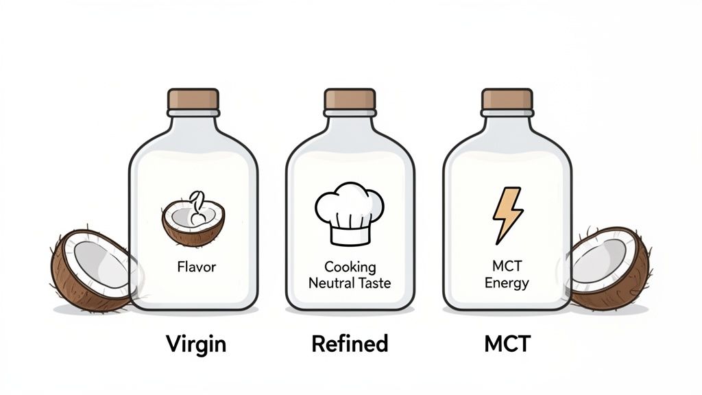 Three bottles showing different types of coconut oil: Virgin for flavor, Refined for cooking, and MCT for energy.