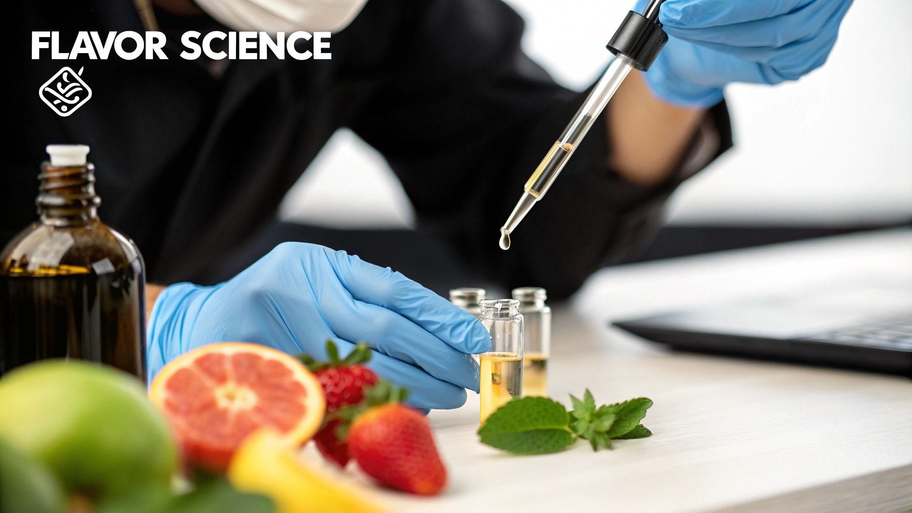 A scientist in blue gloves meticulously develops new flavors using a dropper, surrounded by fresh fruits and ingredients.