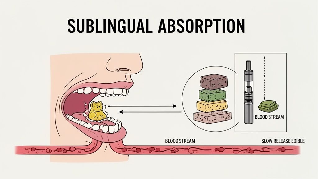 Diagram illustrating sublingual absorption, contrasting quick absorption from under the tongue with slow-release edibles and vape pens.