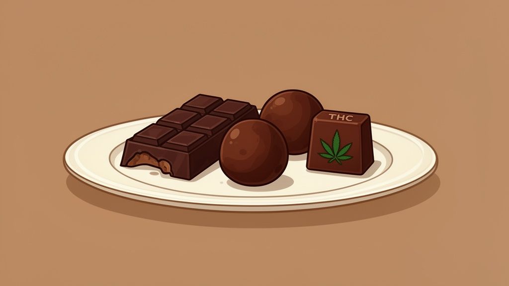 A white plate displays various chocolate edibles: a bitten bar, two truffles, and a THC-labeled piece with a cannabis leaf.