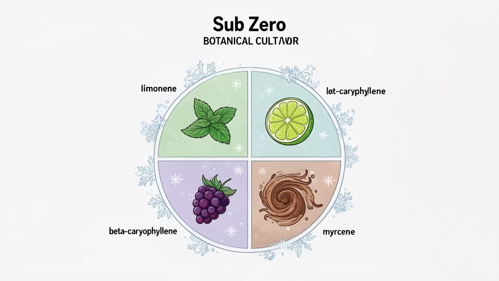 A four-part circular diagram illustrating botanical terpenes for a 'Sub Zero' cultivar, featuring mint, lime, berries, and a swirl.