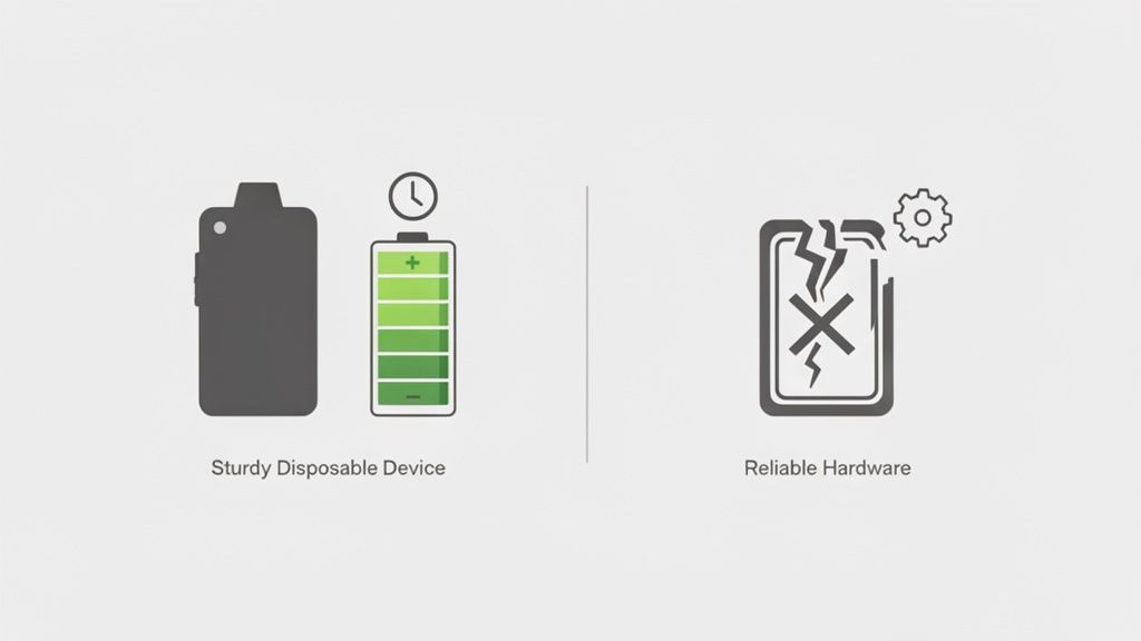 Illustration comparing a sturdy disposable device with good battery life to a broken, unreliable hardware device.