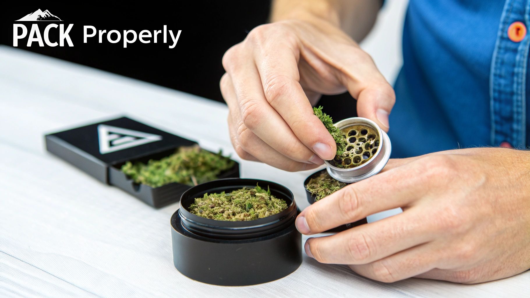 A person's hands carefully place ground green herb into a metal grinder, preparing it for use.