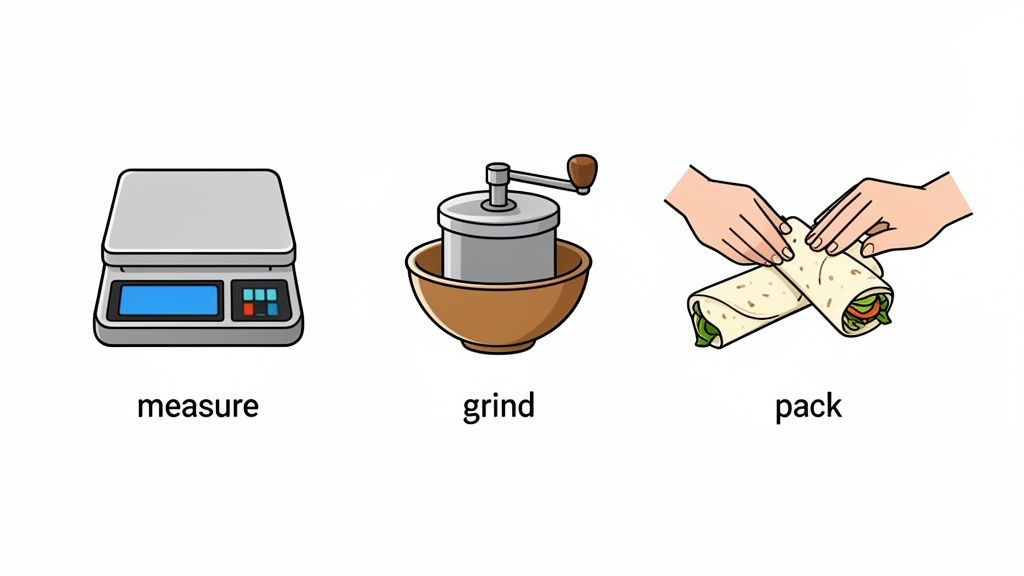 Three illustrations show actions: measure ingredients with a scale, grind with a mill, and pack food into wraps.