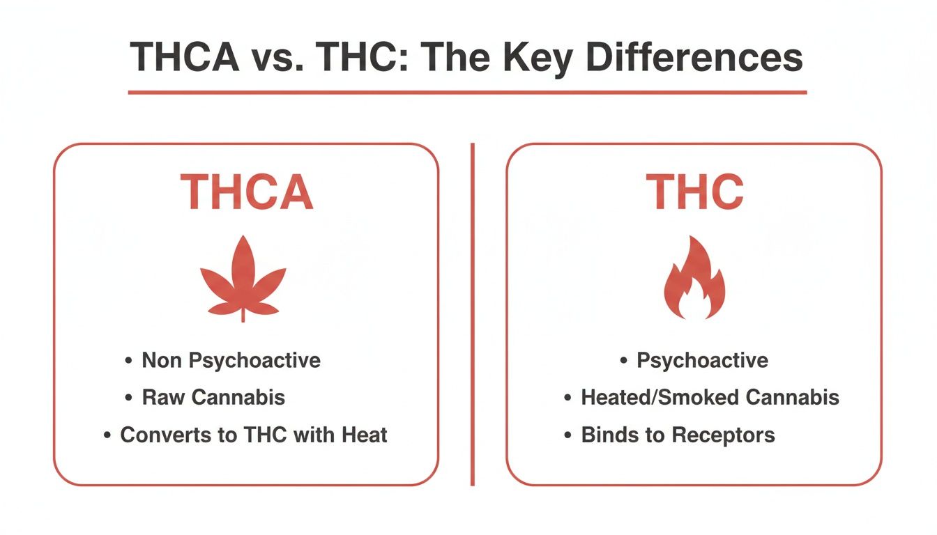 Infographic comparing THCA and THC, detailing their differences in psychoactivity, form, and conversion.