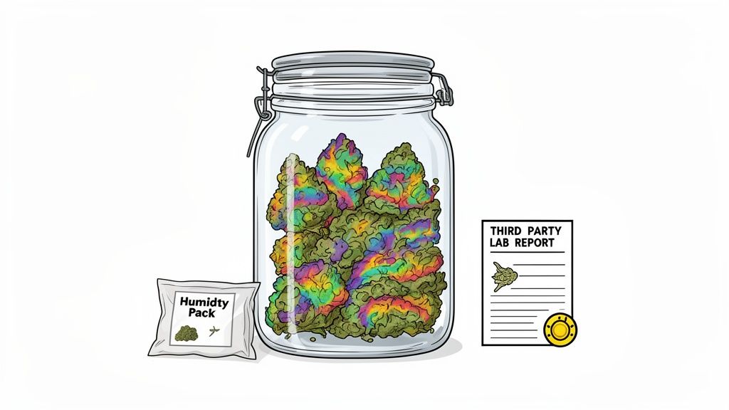 A glass jar filled with vibrant rainbow-colored cannabis buds, alongside a humidity pack and lab report.