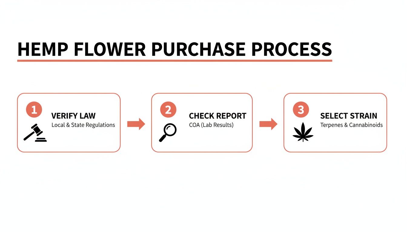 Infographic showing the three-step hemp flower purchase process: verify law, check report, select strain.