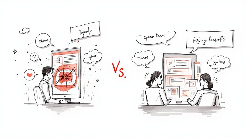 Comparison of individual struggle with a complex UI versus team collaboration and streamlined workflow.