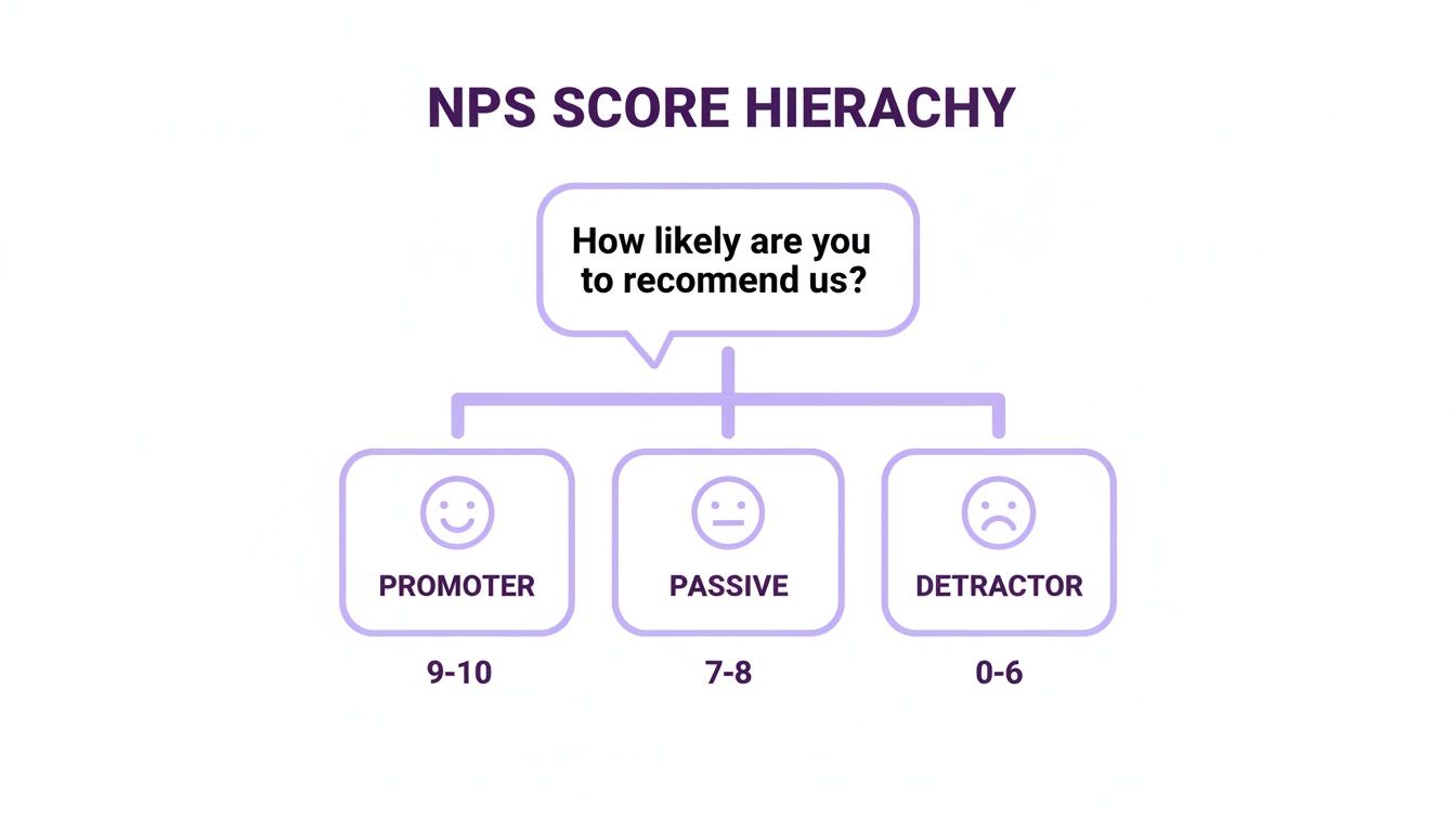 A diagram illustrating the NPS score hierarchy, showing promoter, passive, and detractor categories with their scores.