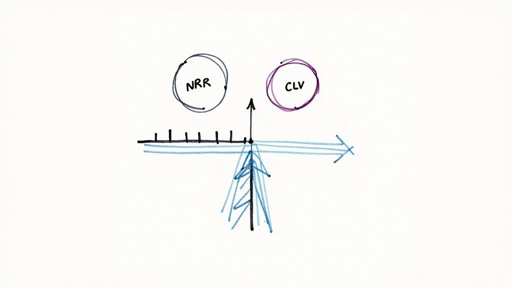 A conceptual diagram illustrating business metrics NRR and CLV on a timeline.