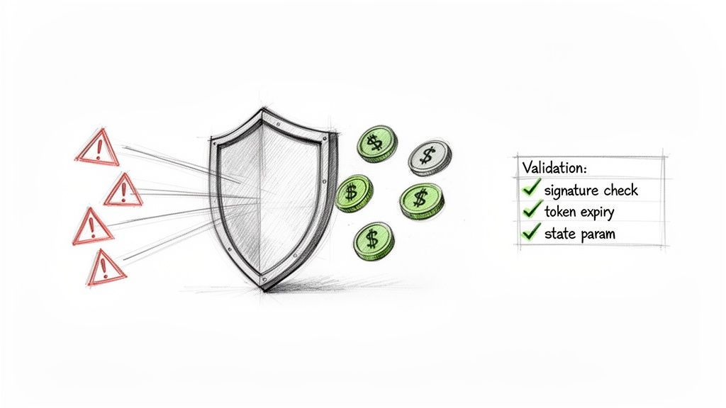 A security shield with validation checks, including signature, token expiry, and state parameters, protecting against digital threats.