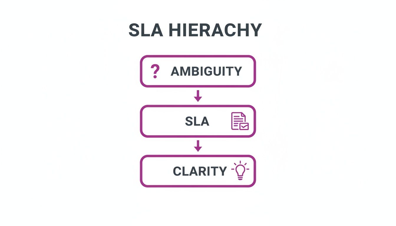 A flowchart showing SLA Hierarchy: from Ambiguity (question mark) through SLA to Clarity (lightbulb).