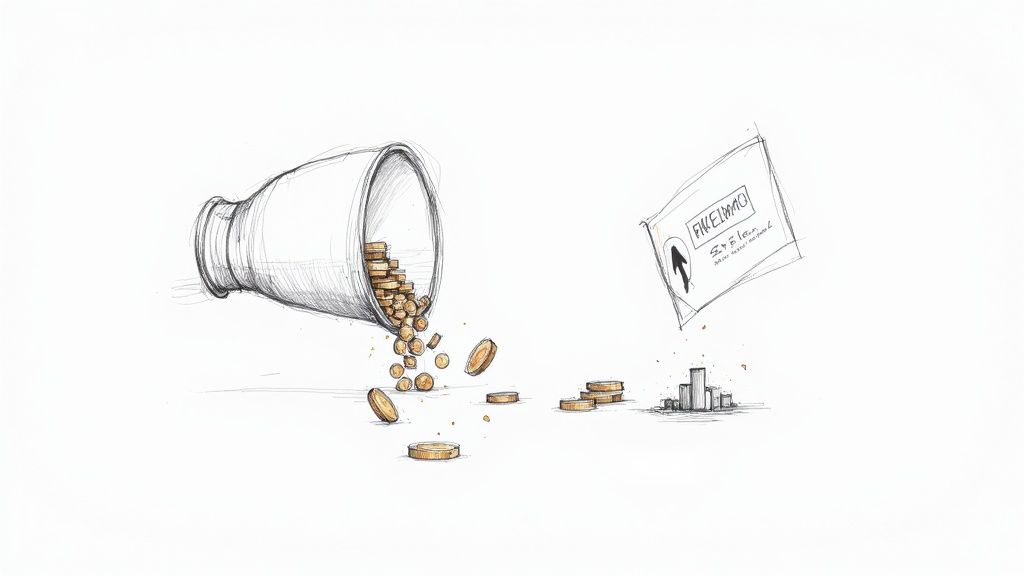 Illustration of coins pouring from a jar, leading to building sketches and a 'FINELMAG' sign.