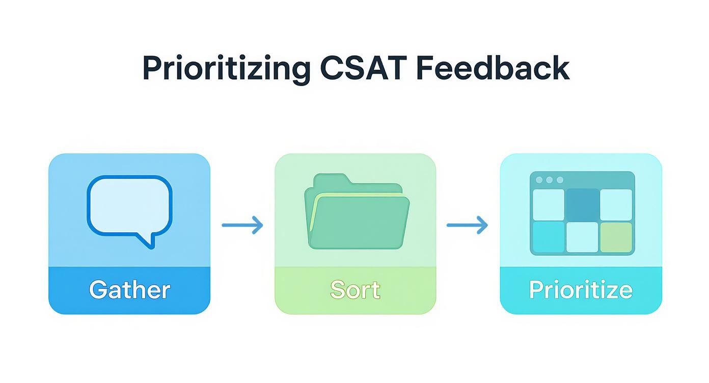 A three-step diagram illustrating how to prioritize CSAT feedback: Gather, Sort, Prioritize.