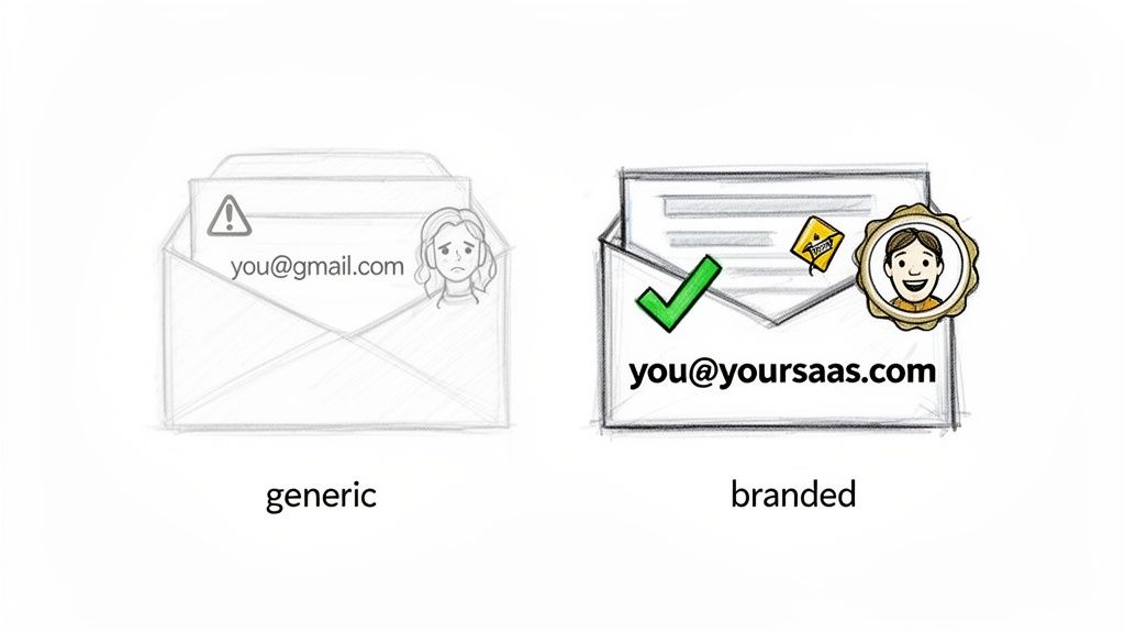 Comparison of a generic Gmail email with a warning versus a professional branded email with a checkmark.