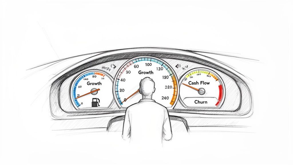 A person views a car dashboard with three gauges indicating business growth, cash flow, and churn.