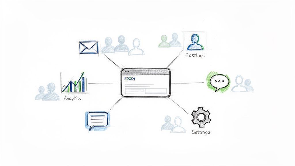 Hand-drawn diagram of a central system connecting to analytics, messages, user management, and settings modules.