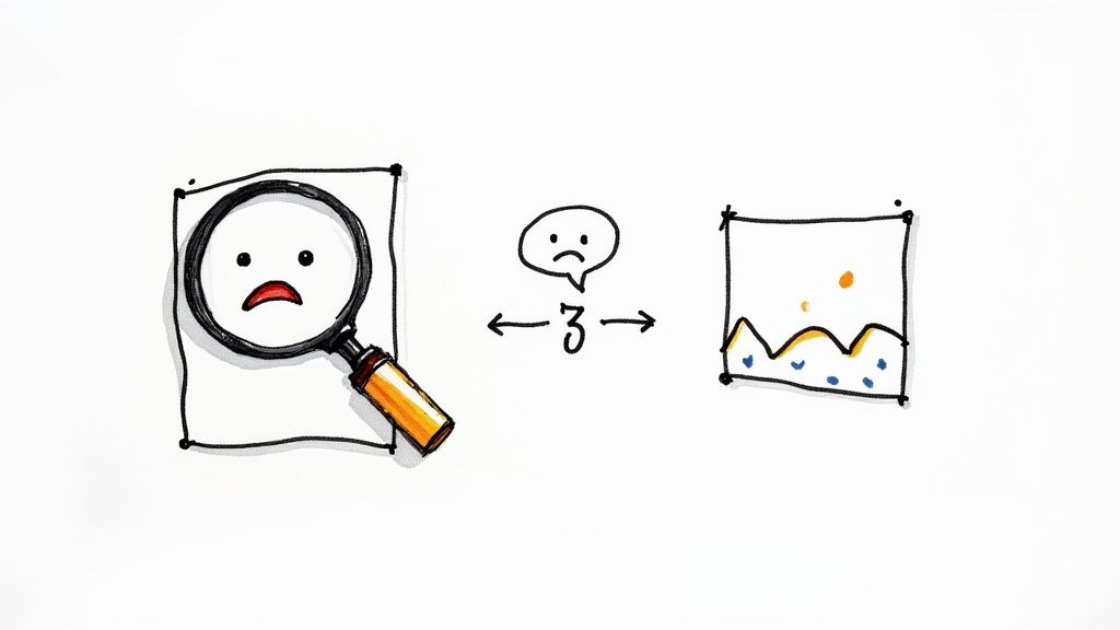 Cartoon magnifying glass highlighting a sad face, with a "3" indicating an issue or churn metric.