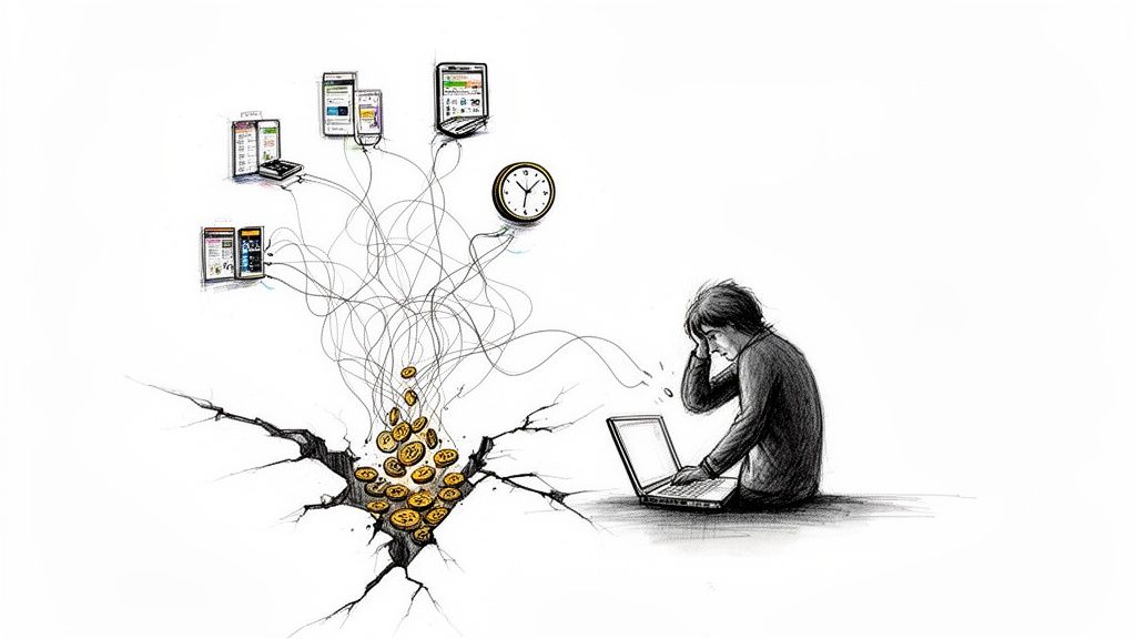 Illustration of a stressed person using a laptop, showing money and time draining into a crack.