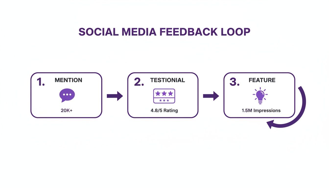 Diagram showing a social media feedback loop: mentions (20K+), testimonials (4.8/5), and features (1.5M).
