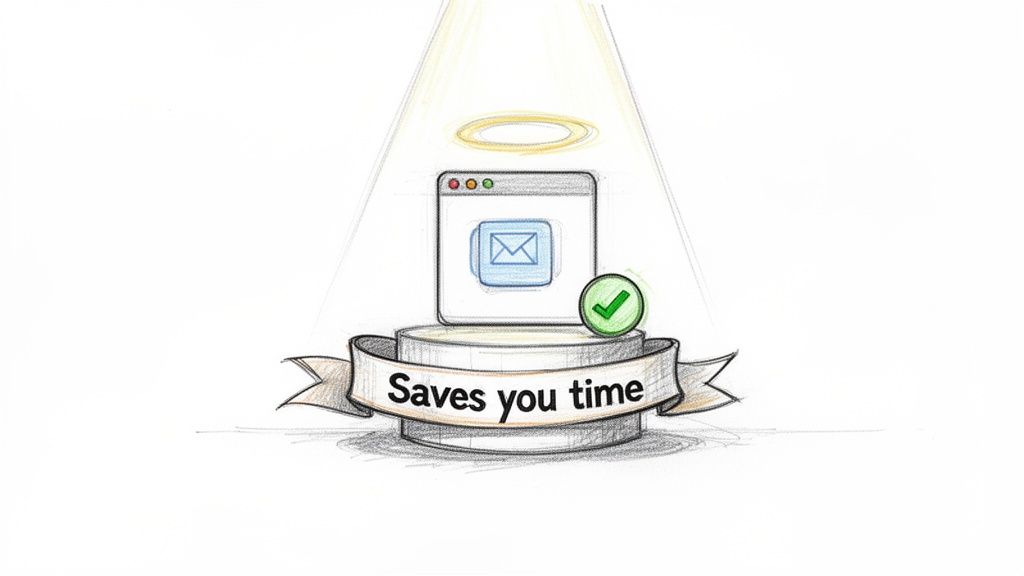 A sketch showing an email icon in a browser window on a pedestal, with a banner reading "Saves you time" and a checkmark.
