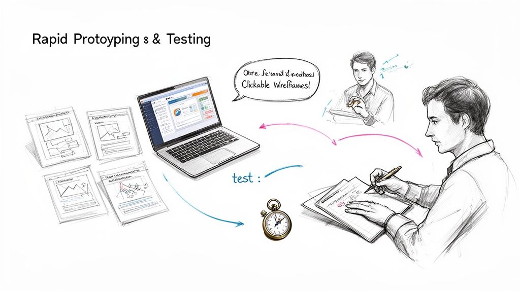 Rapid prototyping & testing process illustration with sketches, clickable wireframes on laptop, and user experience designer.