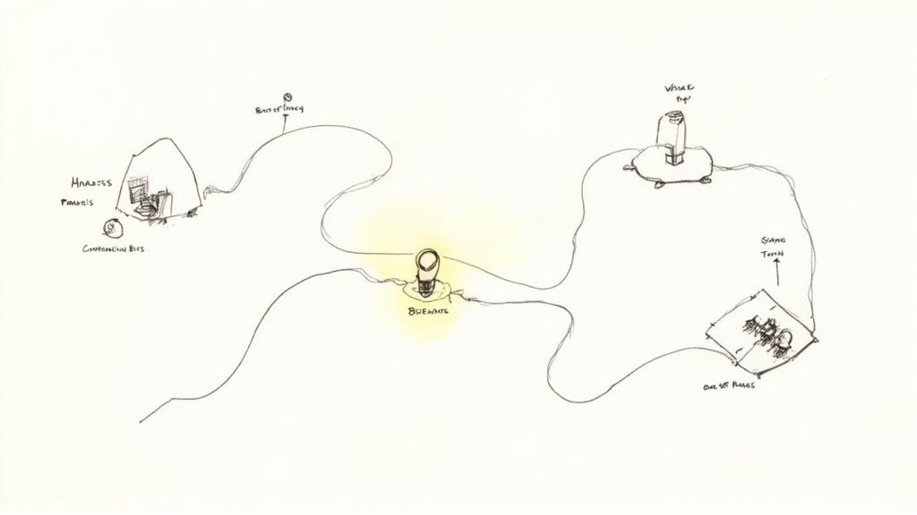 Hand-drawn diagram showing interconnected workspaces with lightbulbs representing continuous product discovery process flow