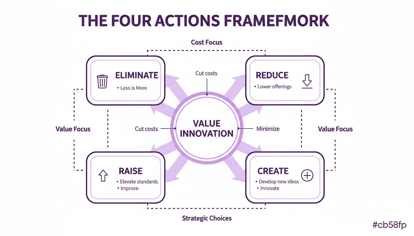 The Four Actions Framework diagram illustrating value innovation through eliminate, reduce, raise, and create strategies.