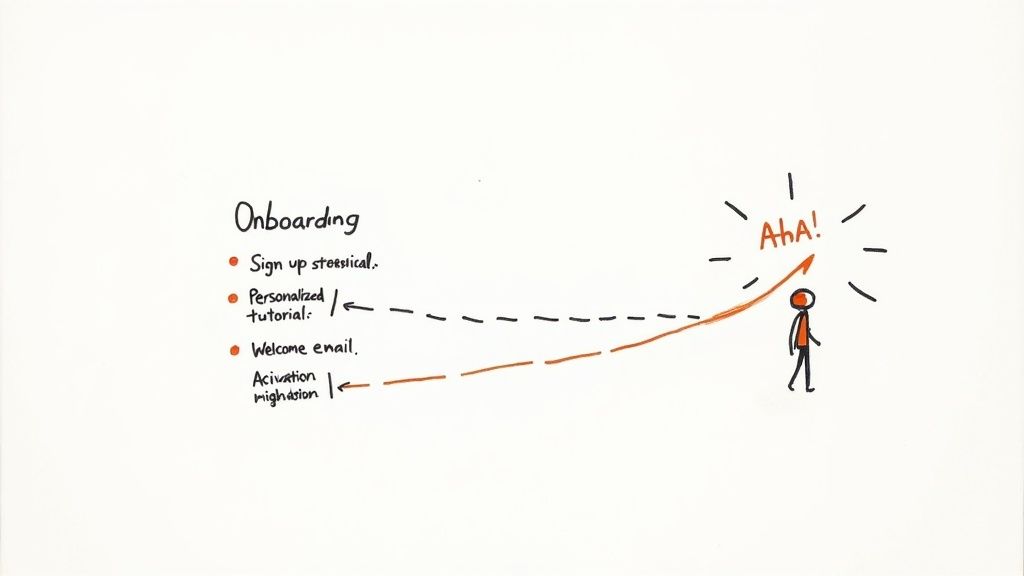 Illustration showing onboarding steps leading users to an 'Aha!' moment through a journey.