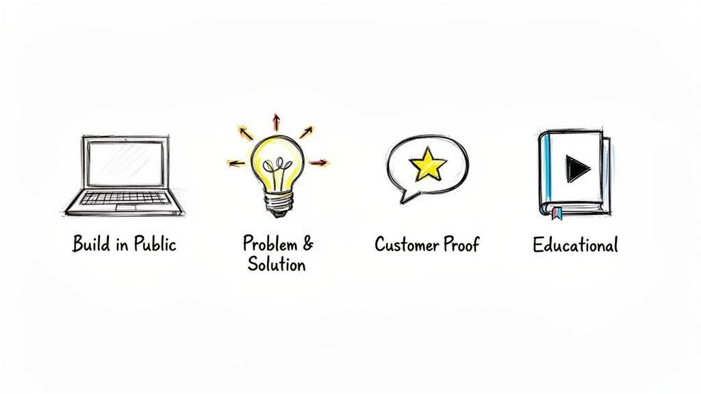 Four hand-drawn icons representing key business principles: Build in Public, Problem & Solution, Customer Proof, Educational.